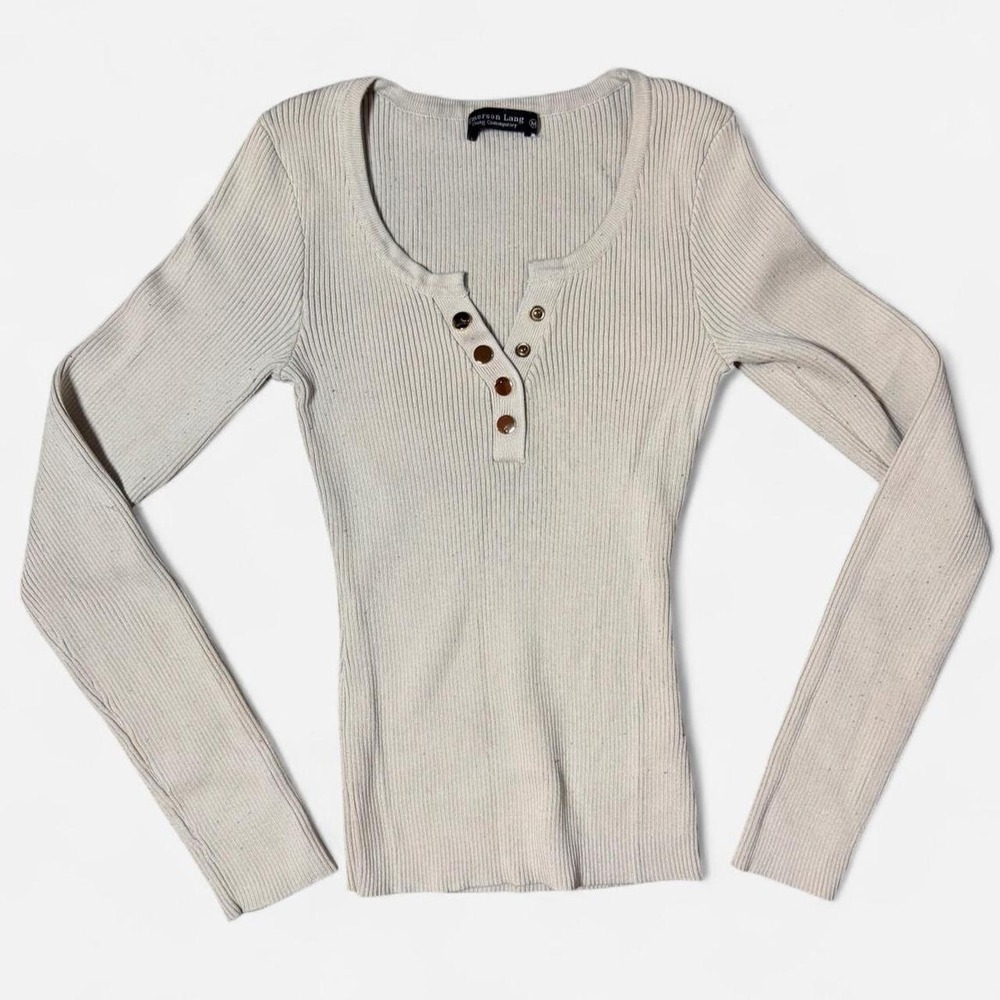 Emerson Lang Cream Ribbed Long Sleeve Henley Button Top Medium